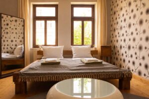 Doppelzimmer im Homeplanet Hostel Leipzig Connewitz mit Doppelbett, zwei Fenstern, Nachttisch, Spiegel und Sitzgelegenheit. Das Bett befindet sich mittig im Raum.